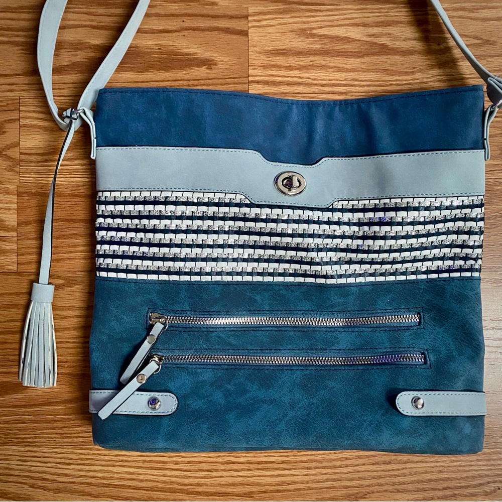 Large Blue Suede Sparkly Shimmer Tassel Adjustable Purse Crossbody Bag